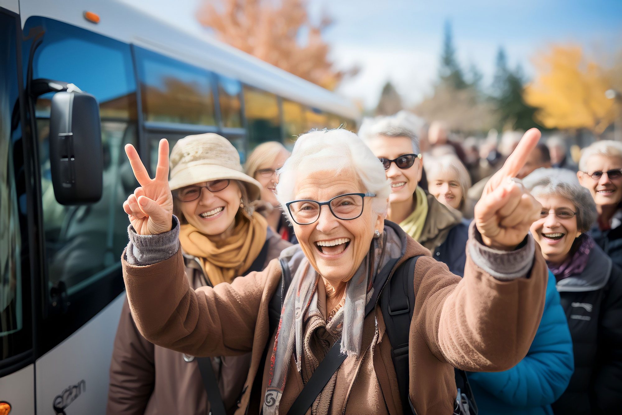 Eine Reisegruppe fährt mit Bussen ins Granatium und ältere Frauen lächeln fröhlich in die Kamera. Eine Reisegruppe fährt mit Bussen ins Granatium und ältere Frauen lächeln fröhlich in die Kamera.