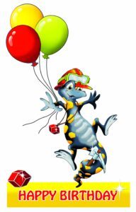 Geburtstagsgruß red.(1) Kurti Karfunkulus lächelt. Er ist eine Eidechse und das Maskottchen des Granatium Radenthein.