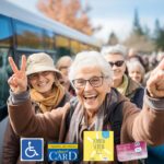 Eine Busgruppe mit älteren Frauen lächelt fröhlich in die Kamera.