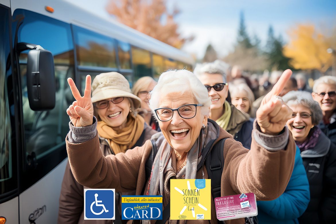 Eine Busgruppe mit älteren Frauen lächelt fröhlich in die Kamera.