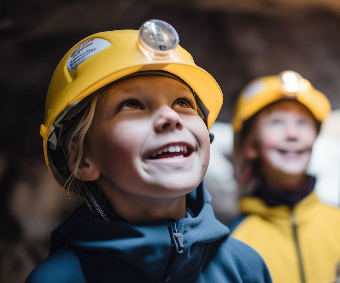 Kinder mit gelben Helm am Kopf stehen im Granatstollen, lächeln und schauen auf die Decke.