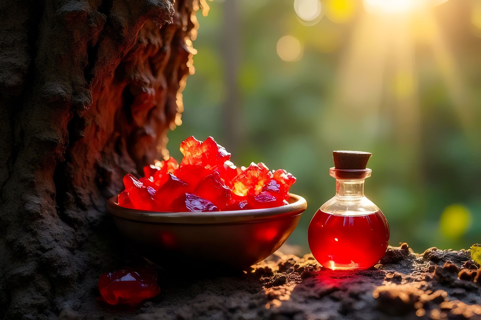 Granatstein-Gesundheit-Wirkung-Granatium Leuchtend rote Granatsteine in einer Schüssel stehen in der Natur neben einem Baum.