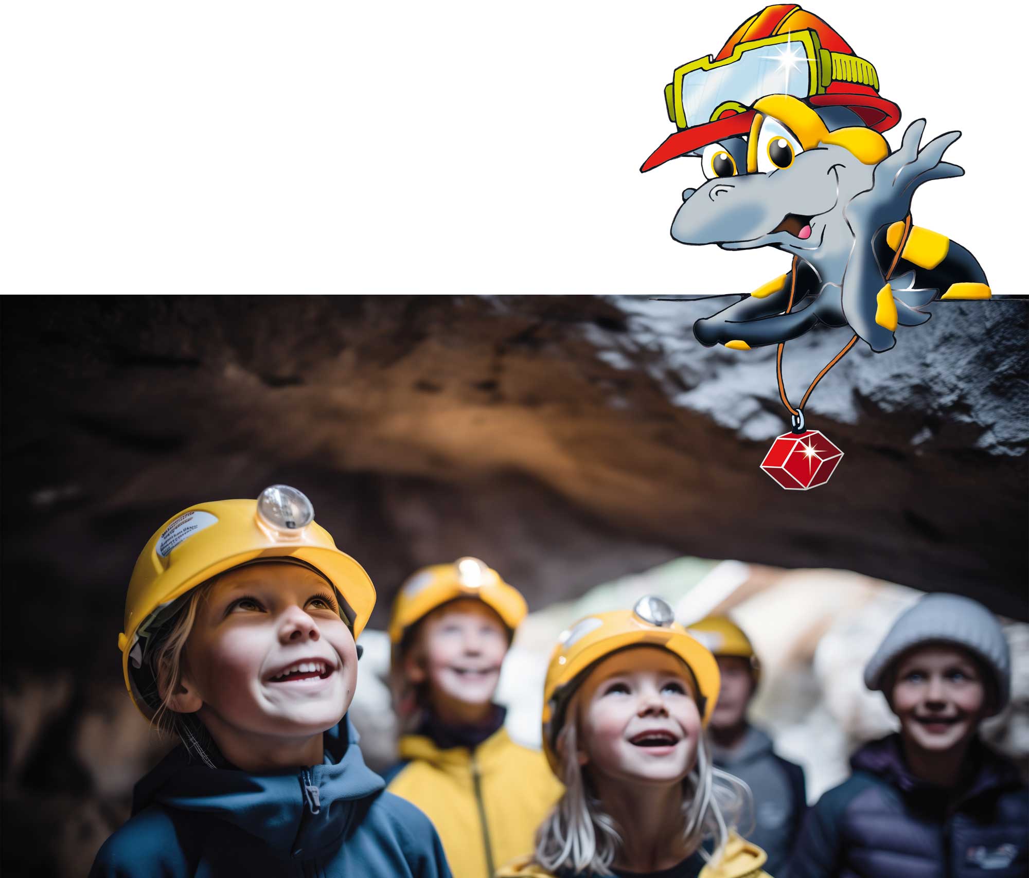 Kinder mit gelben Helm am Kopf stehen im Granatstollen, lächeln und schauen auf die Decke. Kinder mit gelben Helm am Kopf stehen im Granatstollen, lächeln und schauen auf die Decke.